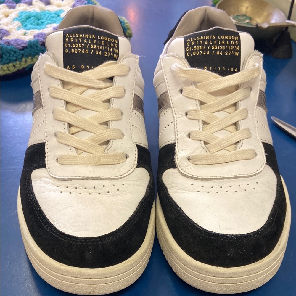 All Saints Women’s Suede & Leather Black & White Sneakers Shoes EUC